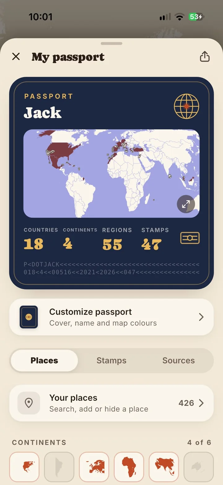 My passport: the cover with the map, countries, continents, regions and stamps, and the next stamp