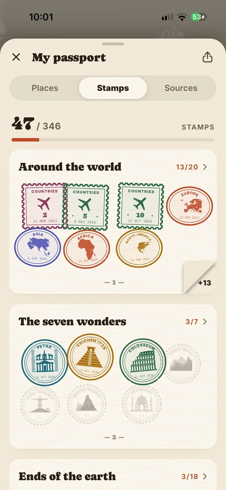 Passport stamps: countries, continents, the seven wonders
